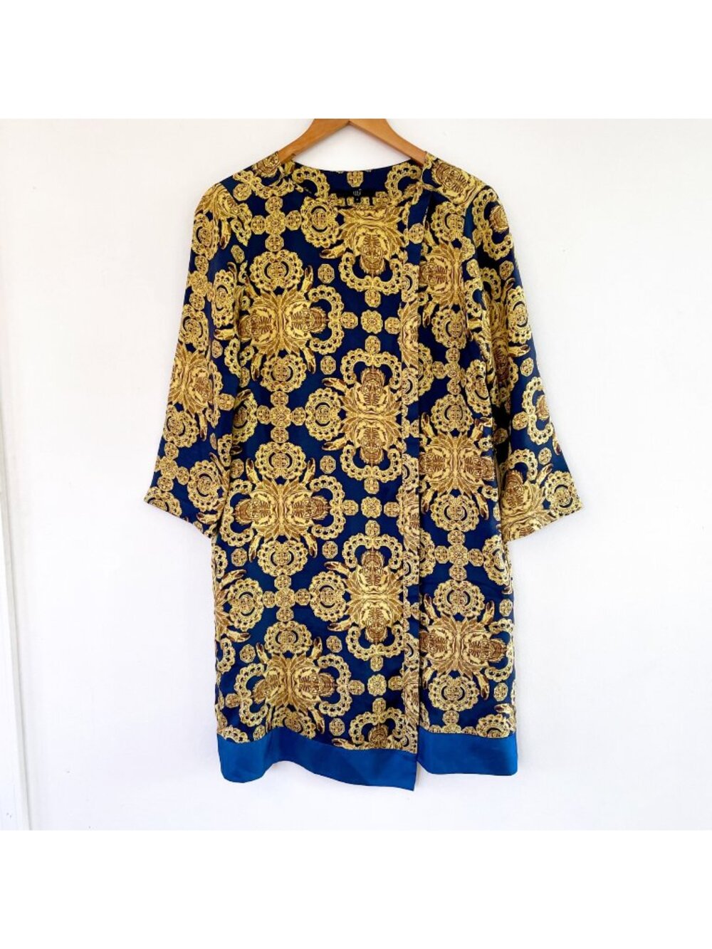 Tibi Blue and Gold Scarf Print Silk Shift Dress, Size 8